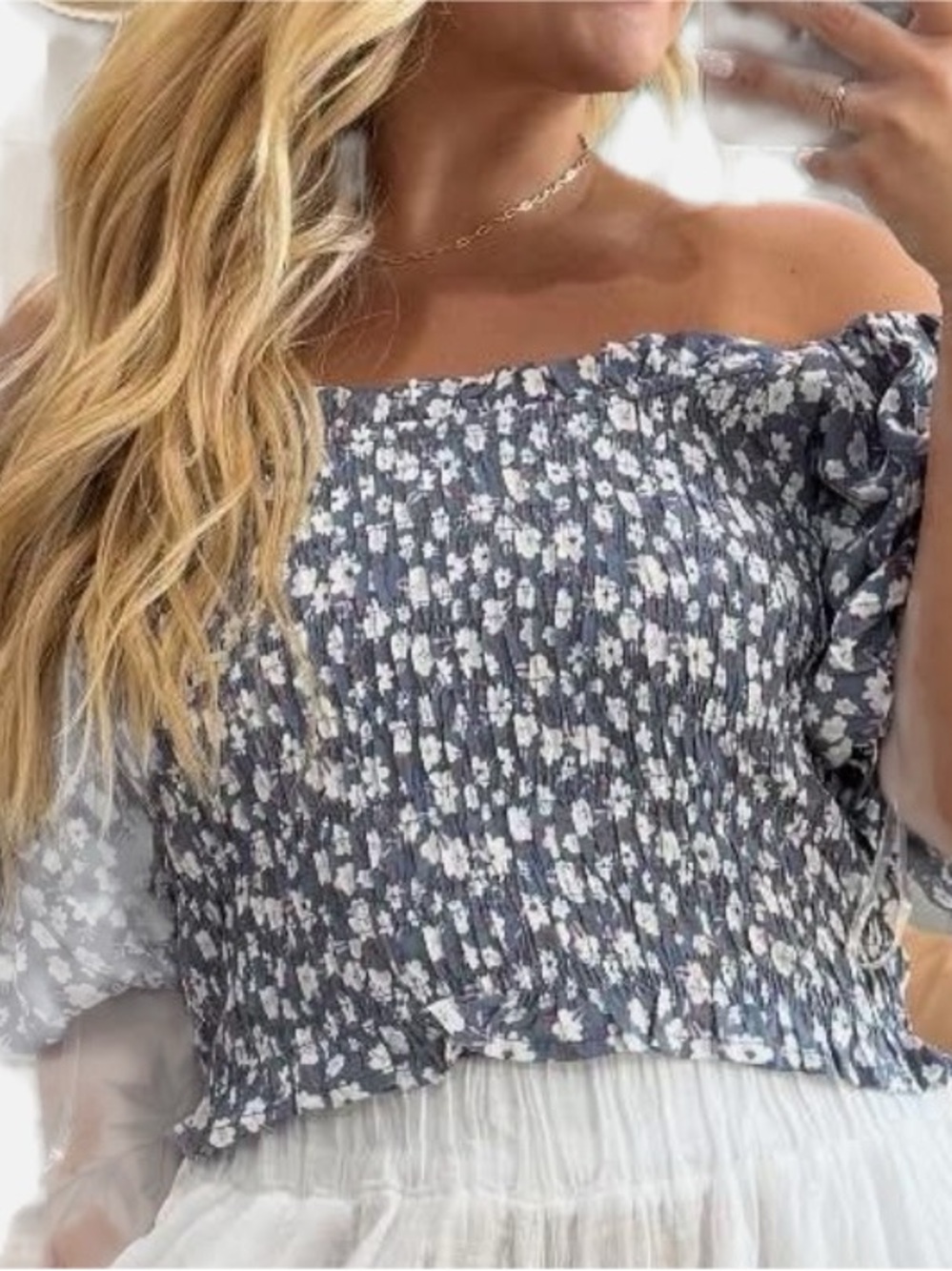 Listicle Lavender Blue Floral Puff-Sleeve Smocked Crop Top
